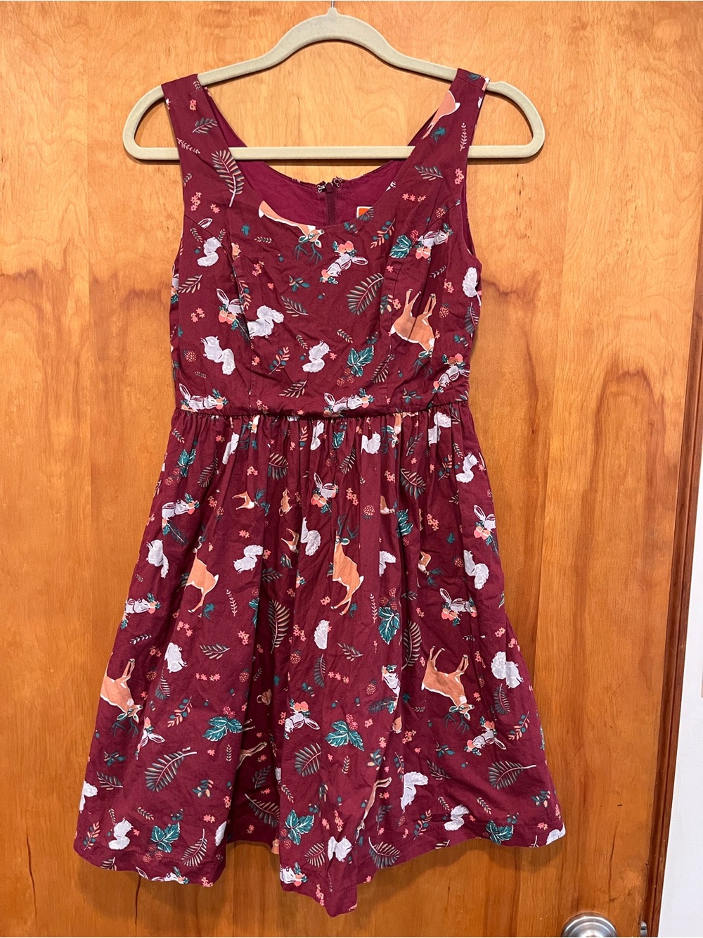 Modcloth Burgundy Sleeveless Dress with Animal & Leaf Print